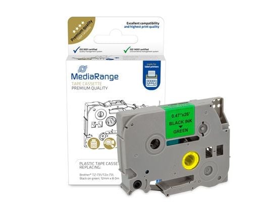 MediaRange - Laminert - permanet adhesiv - sort på grønt - Rull (1,2 cm x 8 m) 1 kassett(er) hengeboks - merketape (alternativ for: Brother TZ-731,...