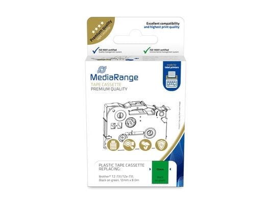 MediaRange - Laminert - permanet adhesiv - sort på grønt - Rull (1,2 cm x 8 m) 1 kassett(er) hengeboks - merketape (alternativ for: Brother TZ-731,...