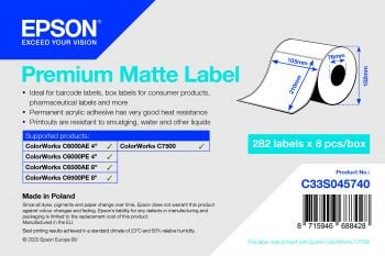 Epson Premium Matte Label - Die-Cut Roll: 105mm x 210mm, 282 labels, Itse kiinnittyvä tulostintarra, Stanssausmerkintä, Mustesuihku, Akryyli, Kiint...