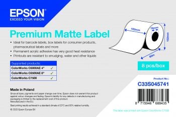 Epson Premium Matte Label - Continuous Roll: 102mm x 60m, Itse kiinnittyvä tulostintarra, Merkintänauha, Mustesuihku, Akryyli, Kiinteä, Matta