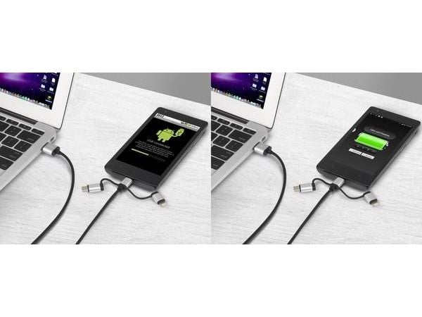 Renkforce RF-3335106, 0,25 m, USB A, USB C/Micro-USB B/Lightning, USB 2.0, 480 Mbit/s, Harmaa