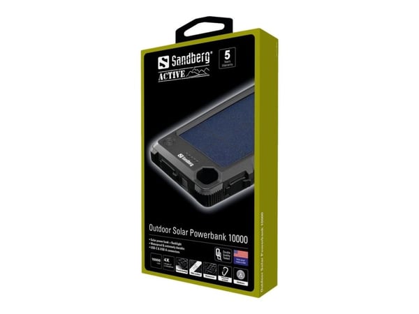 Sandberg Outdoor Solar Powerbank 10000 - Solenergibank - 10000 mAh - 37 Wh - 3 A (USB, USB-C) - på kabel: Micro-USB, USB-C