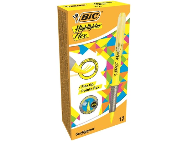 BIC Marking Highlighter Flex - Markeringspenn - gul - vannbasert fargestoffblekk - 1-4.3 mm (en pakke 12)