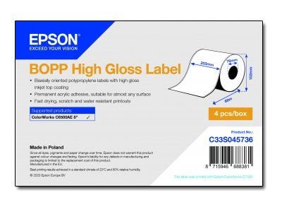 Epson BOPP - Høyblank - permanent akryl-adhesiv - mikroporøs - hvit - Rull (20,3 cm x 68 m) 4 rull(er) sammenhengende etiketter - for ColorWorks CW...