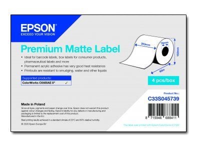 Epson Premium - Slät matt - permanent akrylhäftning - ljust vit - Rulle (20,3 cm x 60 m) 4 rulle (rullar) löpande etiketter - för ColorWorks CW-C65...
