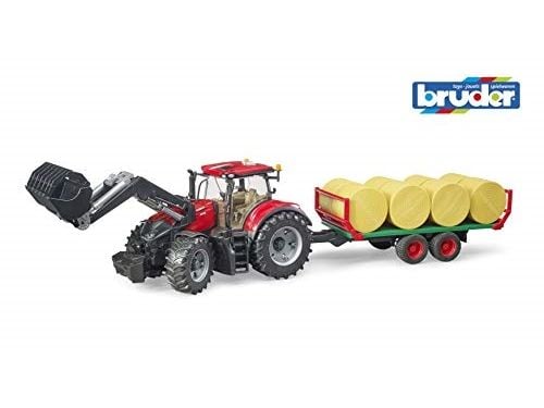 Bruder Case IH Optum 300 CVX with frontloader with bale transport trailer toy
