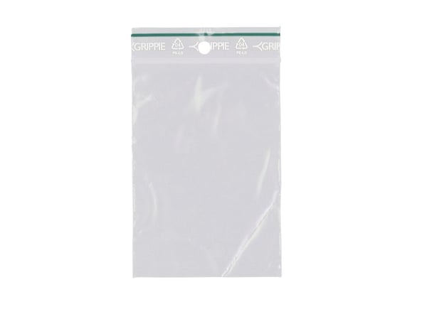 Lynlåspose, Grippie, 50 µm, 60 x 80 mm genanvendt LDPE, Transparent, Uden tryk lynlåslukning, pakke