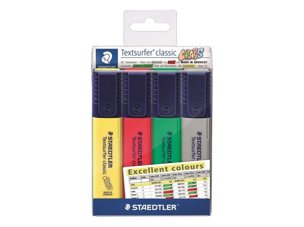 Staedtler 364 CWP4-X, 4 stykker, Grønn, Grå, Rød, Gult, Meisel tupp, Grønn, Grå, Rød, Gult, 1 cm³