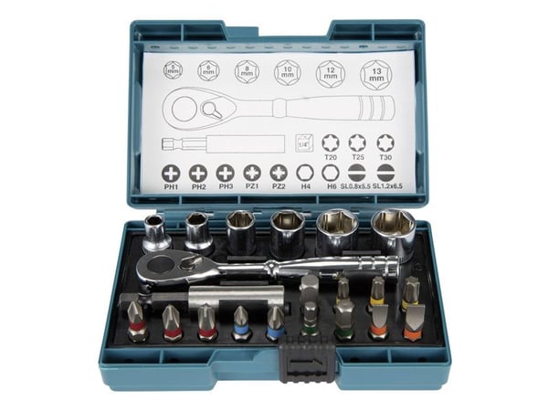 Makita - Screwdriver bit and ratchet set - 21 deler - torx, phillips, pozidriv, hex - 5 mm, 6 mm, 8 mm, 10 mm, 12 mm, 13 mm - lengde: 25 mm
