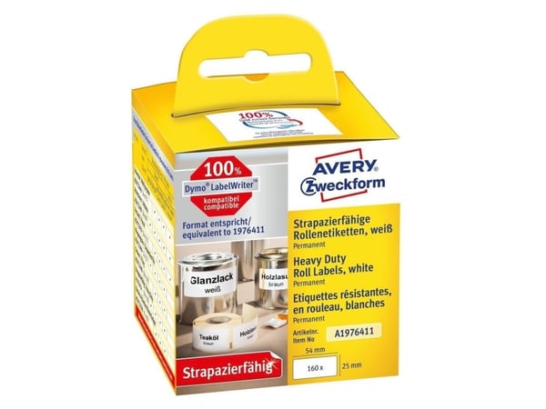 Avery A1976411, Hvit, Avrundet rektangel, Permanent, Svart på hvitt, Rull, Folie