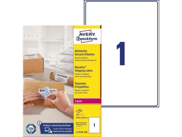 Avery L7167B-100 adresseetiket 199,6x289,1mm hvid BlockOut (100 stk.)