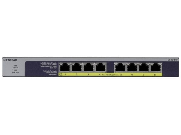 NETGEAR GS108PP nätverksswitch med 8 Gigabit PoE+-portar, 123 W