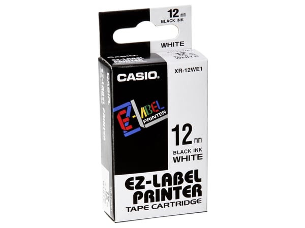 Casio XR-12WE1 - Selvklebende - svart på hvitt - Rull (1,2 cm x 8 m) 1 kassett(er) etikettbånd - for Disc Title Printer CW-L300; KL 170, 60, 60SR, ...