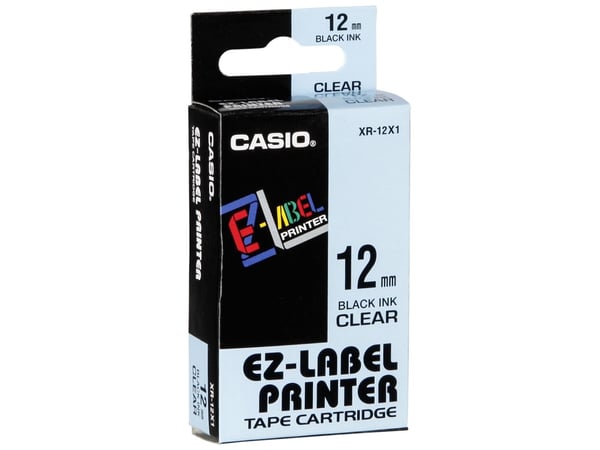 Casio XR-12X1 - Selvklebende - svart på klar - Rull (1,2 cm x 8 m) 1 kassett(er) etikettbånd - for Disc Title Printer CW-L300; KL 170, 60, 60SR, 78...