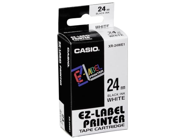 Casio XR-24WE1 - Selvklebende - svart på hvitt - Rull (2,4 cm x 8 m) 1 kassett(er) etikettbånd - for Disc Title Printer CW-L300; KL 8100, 8200