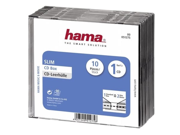 Hama CD Slim Jewel Case, pack 10, 1 levyt, Läpinäkyvä, 142 mm, 125 mm, 50 mm, 350 g