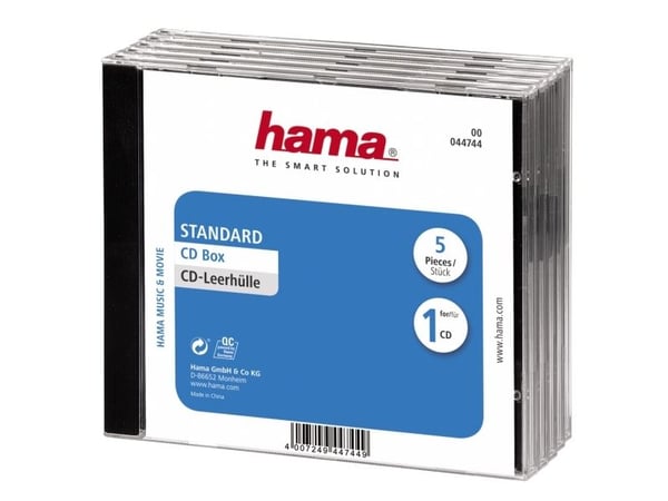 Hama CD Jewel Case Standard, Pack 5, C-shell-kotelo, 1 levyt, Musta, Läpinäkyvä, Polystyreeni, 140 mm, 10,4 mm
