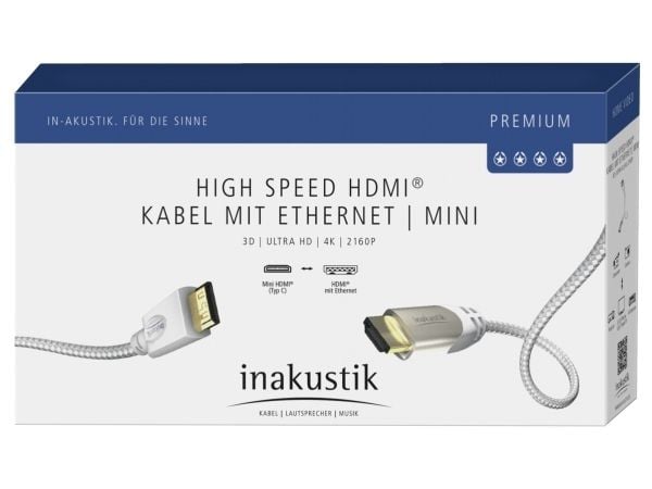 Inakustik 0042323, 3 m, HDMI Type C (Mini), HDMI Type A (Standard), 3840 x 2160 piksler, 3D, Sølv