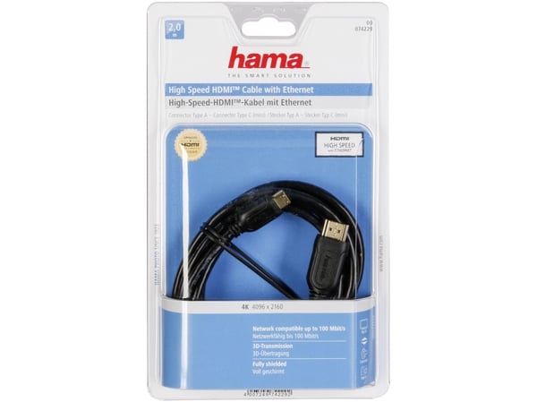 Hama HDMI 2m, 2 m, HDMI-tyyppi A (vakio), HDMI Type C (Mini), 10,2 Gbit/s, Musta