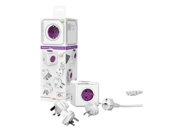 Allocacoc PowerCube ReWirable USB, 1 m, 4 AC-pistorasia(a), Tyyppi F, Purppura, Valkoinen, 6 A, Valkoinen