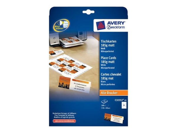 Avery Tent Card C32253 - Hvit - 40 x 110 mm 100 stk (25 ark x 4) bordkort
