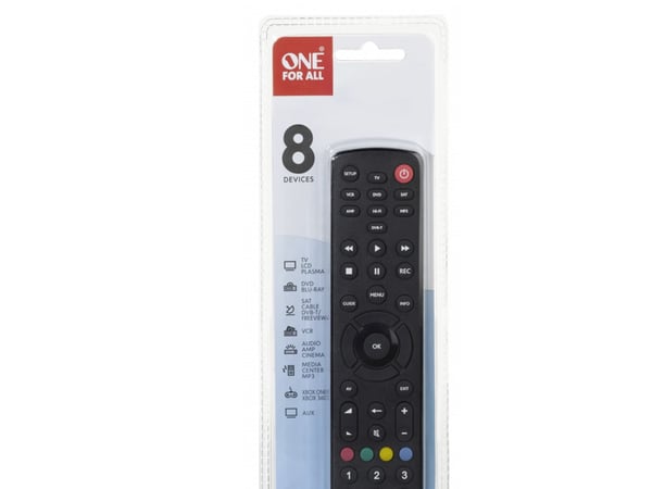 One For All Basic universell fjärrkontroll Contour 8, TV, Digitalbox för TV, DVD/Blu-ray, Ljudlimpa, IR trådlös, Tryckknappar, Svart