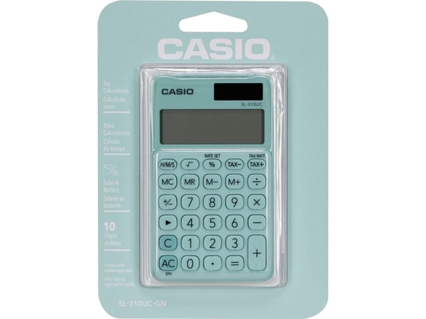 Casio SL-310UC-GN, Tasku, Perus, 10 lukua, 1 linjat, Akku/Aurinko, Vihreä