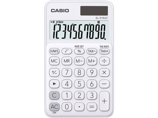 Casio SL-310UC-WE, Tasku, Perus, 10 lukua, 1 linjat, Akku/Aurinko, Valkoinen