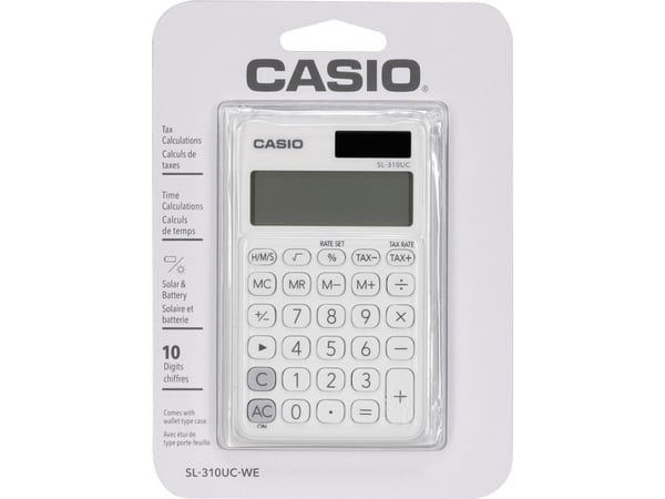 Casio SL-310UC-WE, Tasku, Perus, 10 lukua, 1 linjat, Akku/Aurinko, Valkoinen