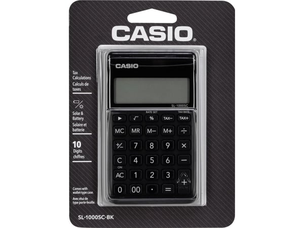 Casio SL-1000SC-BK, Tasku, Perus, 10 lukua, 1 linjat, Akku/Aurinko, Musta