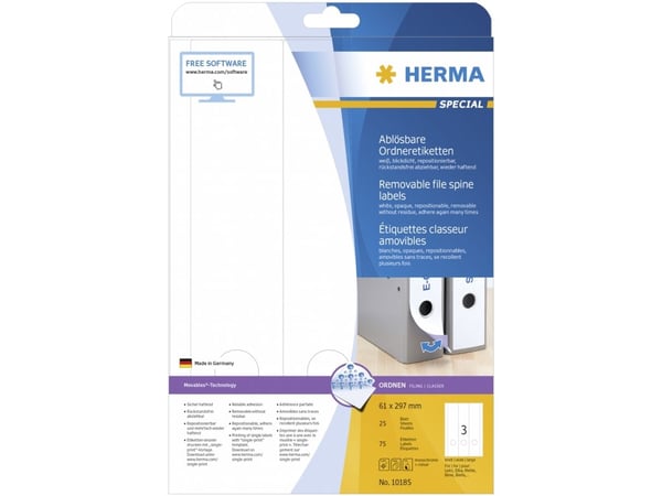 HERMA 10185, Valkoinen, Itse kiinnittyvä tulostintarra, A4, Paperi, Laser/Inkjet, Irroitettava