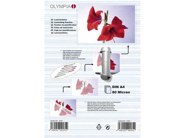 OLYMPIA - 80 mikroner - A4 (210 x 297 mm) 25 stk laminert teip