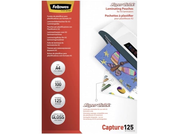 Fellowes Laminating Pouches SuperQuick Capture 125 micron - 125 mikroner - 100-pack - glanset - gjennomsiktig - A4 (210 x 297 mm) lamineringspunger