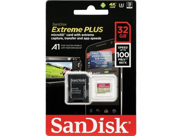 SanDisk Extreme PLUS - Flashminnekort (microSDHC til SD-adapter inkludert) - 32 GB - A1 / Video Class V30 / UHS-I U3 - microSDHC UHS-I