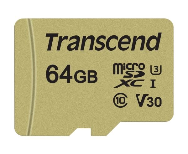 Transcend 500S - Flash-minneskort (microSDXC till SD-adapter inkluderad) - 64 GB - Video Class V30 / UHS-I U3 / Class10 - microSDXC