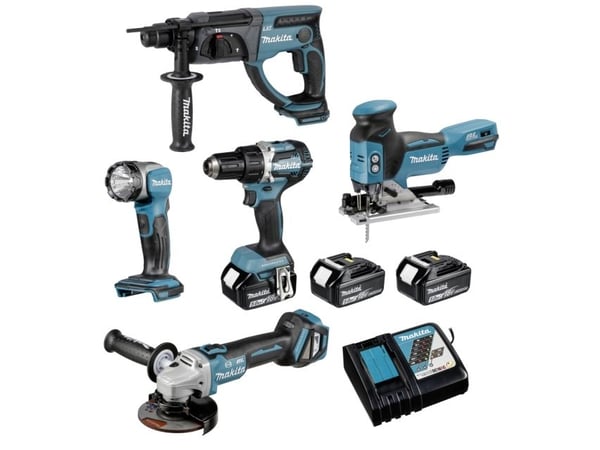 Makita DLX5044TJ, Trådløs kombidrill, Cordless flashlight, Cordless grinder, Cordless jigsaw, Trådløs slaghammer, Sort, Grønn, 3,8 cm, Børsteløs, 1...