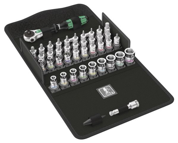 Wera 8100 SA All-in, Pipenøkkelsett, 42 stykker, Sort, Kromfarget, Grønn, Skrallehåndtak, 1 stykker, 1/4"