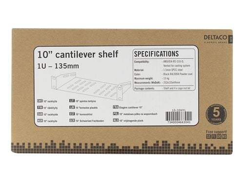 DELTACO - Hylla för rack - 136 mm deep - svart RAL9004 - 1U - 10"