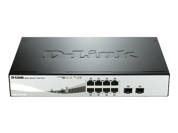 D-Link Web Smart DGS-1210-08P - Switch - Styrt - 8 x 10/100/1000 (PoE) + 2 x Gigabit SFP - stasjonær, rackmonterbar - PoE (45 W)