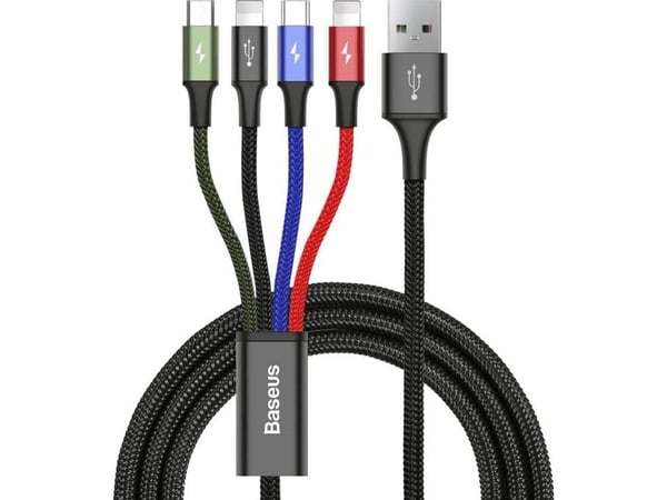 Baseus KB2L435A12BK, Svart, Blå, Grön, Röd, USB A, 2 x Lightning + micro-USB B + USB C, 1,2 m, Hanstik, Hanstik