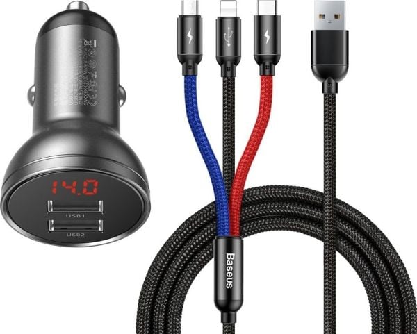 Baseus autolaturi, jossa on 24W näyttö + 3in1 Baseus Three Primary Colors USB-kaapeli 1.2m 1.2m