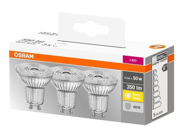 OSRAM LED BASE - LED-glödlampa med reflektor - form: PAR16 - GU10 - 3.6 W (motsvarande 50 W) - klass A++ - varmt vitt ljus - 2700 K (paket om 3)