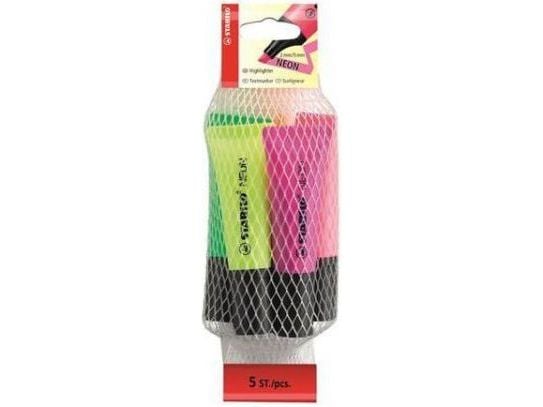 STABILO Neon Pack, 5 stykker, Grønn, Oransje, Rosa, Lilla, Gult, Meisel tupp, Flerfarget, Rør, 2 mm