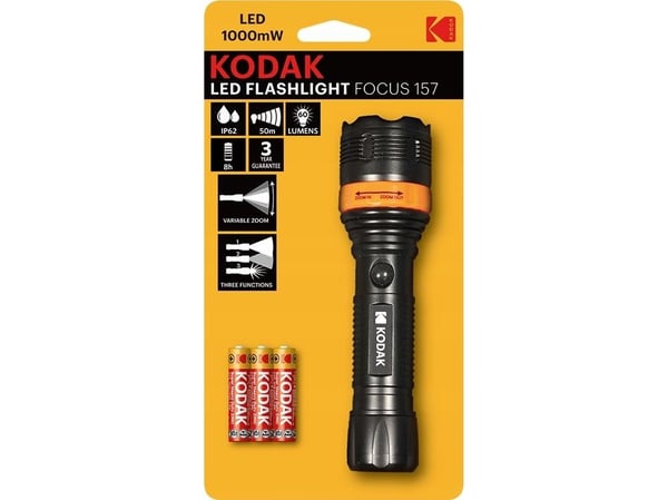 Kodak Flashlight LED Tourist Flashlight Kodak Focus 157 60lm Ip62 Zoom + 3 Batteries