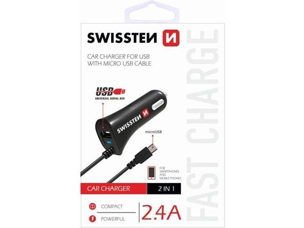 Swissten Micro-USB/USB, automaattinen, sikarin sytytin, 5 V, musta