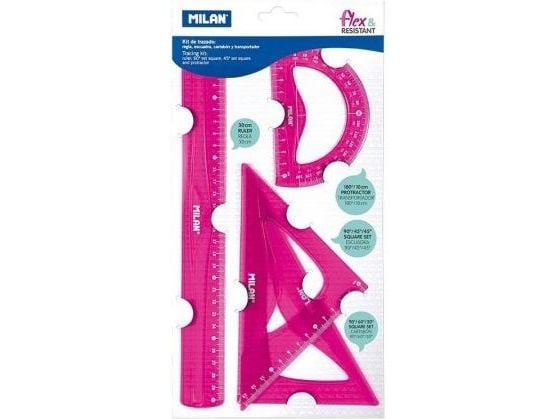 Milan Flex & Resistant Acid, Protractor, Linjal, Trekant, 4 stykker, Rosa, 45° & 60°, Halvsirkel, 108 g