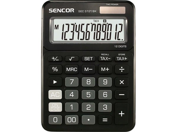 Sencor SEC 372T/BK, Desktop, Grunnleggende, 12 sifre, Vippbar skjerm, Batteri/Solcelle, Sort