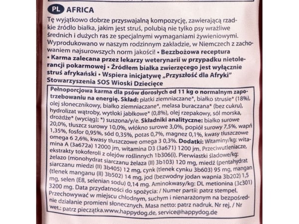 Happy Dog Supreme Sensible - Africa, Voksen, Medium (11 - 25 kg), Struts, 1 kg, Glutenfri