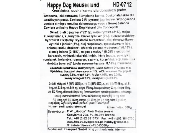 Happy Dog Sensible Neuseeland, Adult (animal), Kaikille roduille, Lammas, 300 g, Gluteeniton