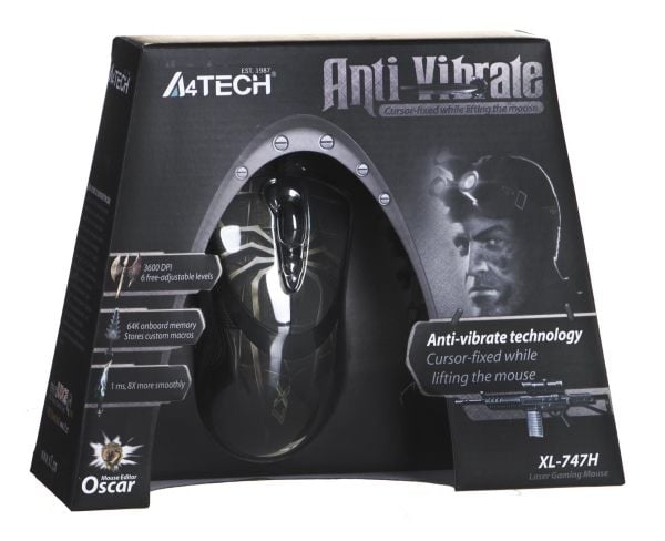 A4Tech Anti-Vibrate Laser Gaming Mouse XL-747H, Oikeakätinen, Laser, USB A-tyyppi, 3600 DPI, Musta